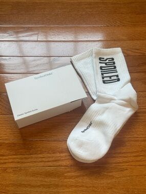 NWT New in Box SpoiledChild White Crew Socks with Black 'SPOILED' Logo